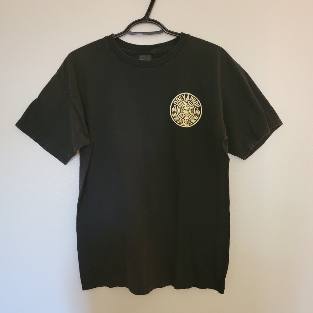 Black Obey shirt with tan logo